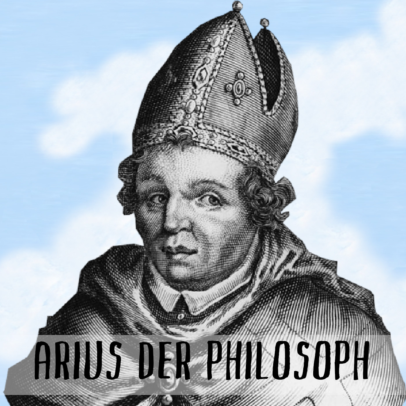 Podcast Cover: The philosopher Arius looks at the camera. Podcast Logo: Der Philosoph Arius guckt in die Kamera.