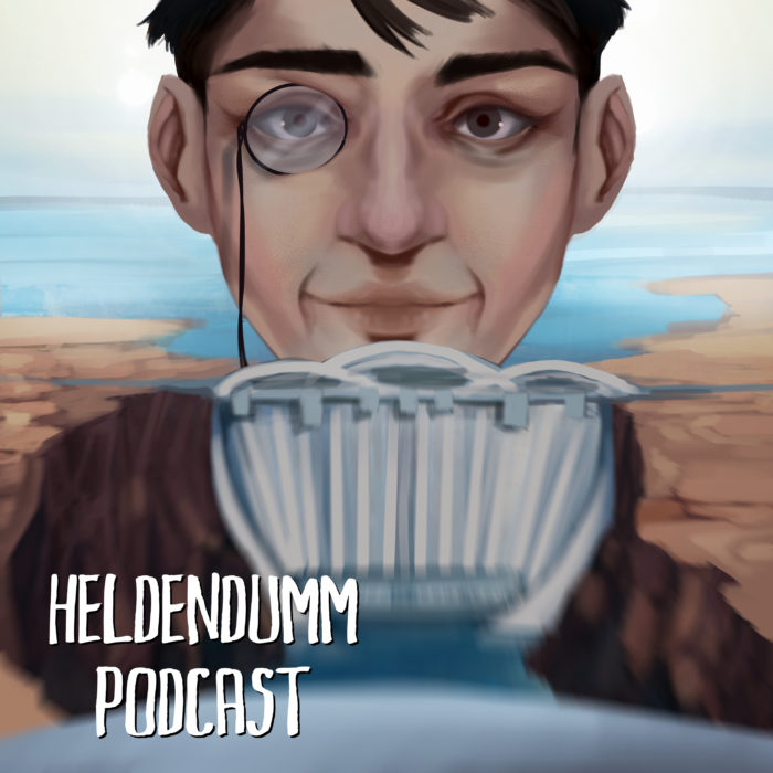Podcast Cover: Illustration of Herman Sörgel overseeing one of the dams of Atlantropa. Podcast Logo: Illustration von Herman Sörgel beim übersehen der Dämme von Atlantropa.